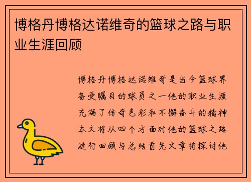 博格丹博格达诺维奇的篮球之路与职业生涯回顾