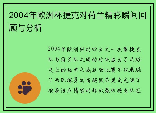 2004年欧洲杯捷克对荷兰精彩瞬间回顾与分析
