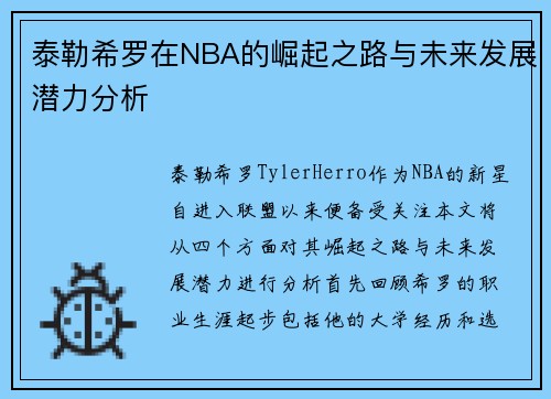 泰勒希罗在NBA的崛起之路与未来发展潜力分析