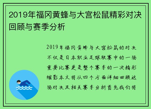2019年福冈黄蜂与大宫松鼠精彩对决回顾与赛季分析