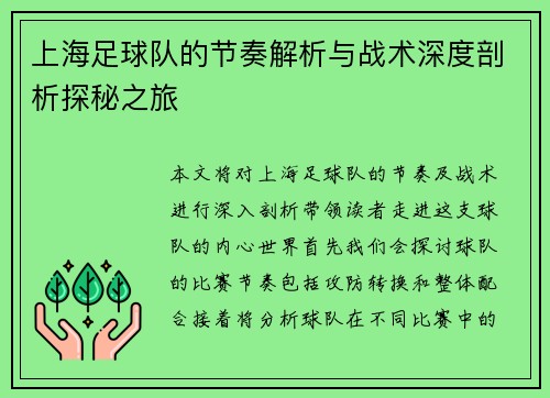 上海足球队的节奏解析与战术深度剖析探秘之旅