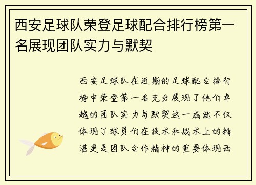 西安足球队荣登足球配合排行榜第一名展现团队实力与默契