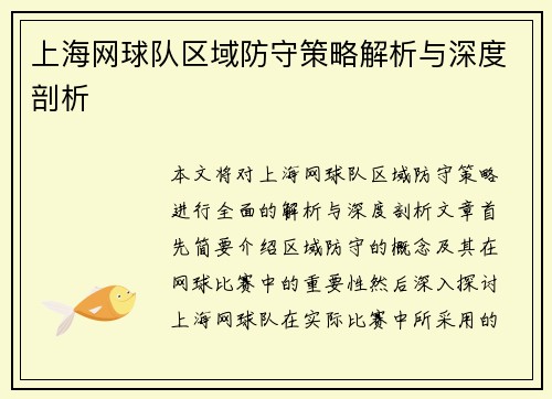 上海网球队区域防守策略解析与深度剖析
